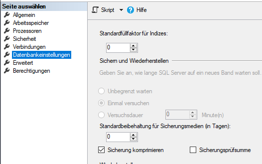 Screenshot der Microsoft SQL Server Management Studio Servereigenschaft "Sicherung komprimieren" - kann auch bei "Row Compression" und bei "Page Compression" eingesetzt werden!