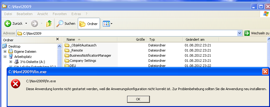 Screenshot der Fehlermeldung von "älteren" Programmen unter z.B. WindowsXp unter einer Virtuellen Maschine, wenn die C++ oder .Net3.5 Laufzeitumgebung nicht installiert ist: "Diese Anwendung konnte nicht gestartet werden, weil die Anwendungskonfiguration nicht korrekt ist. zur Problembehebung sollten Sie die Anwendung neu installieren."