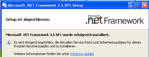 Screenshot einer erfolgreichen .NET Framework 3.5 SP1 Installation, um Navision auf einem frischen XP in einer virtuellen Umgebung zum Laufen zu bekommen.