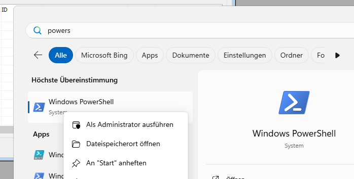 Screenshot für das Öffnen der Powershell um Windows 10/11 zu aktivieren