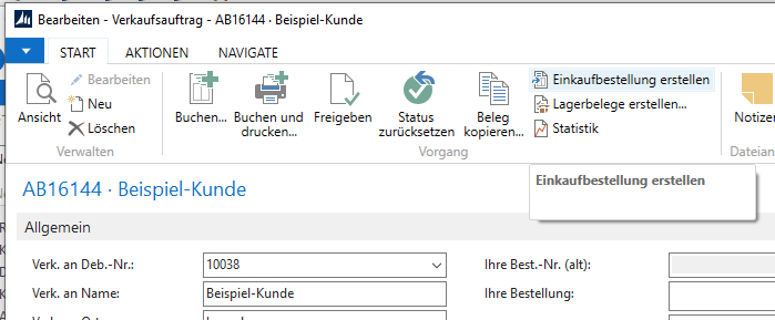 Screenshot aus Navision RTC für die Funktion "Verkaufsaufträge in Einkaufsbestellungen kopieren" bzw. "Einkaufsbestellungen aus Verkaufsaufträgen erstellen"