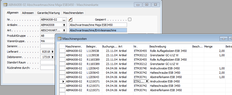 Ansicht in Navision Classic Client für die Reparaturhistorie einer Maschine