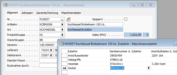 Zubehöre und Ersatzteile direkt in der Maschinenkartei verwalten. Ersparen Sie sich, ihren Technikern und ihren Kunden sinnlose Leerfahrten!