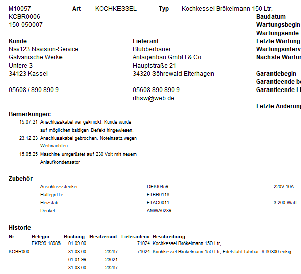 Ausdruck einer Maschine/Gerätekartei mit Reparaturhistorie, Bemerkungen, Standort, Garantiedaten...