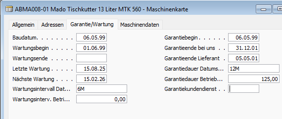 Maschinen und Geräteverwaltung mit Garantiedatum, nächste Wartung etc.