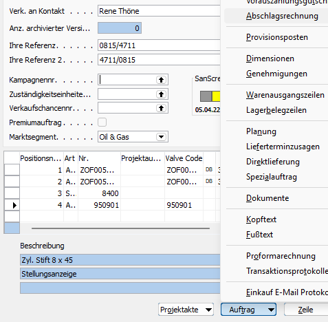 Screenshot Anzahlungsrechnungen / Abschlagszahlungen in Navision Classic Client