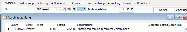 Screenshot Erfassung Details zu einer Abschlagszahlung / Anzahlungsrechnung in Navision Classic Client