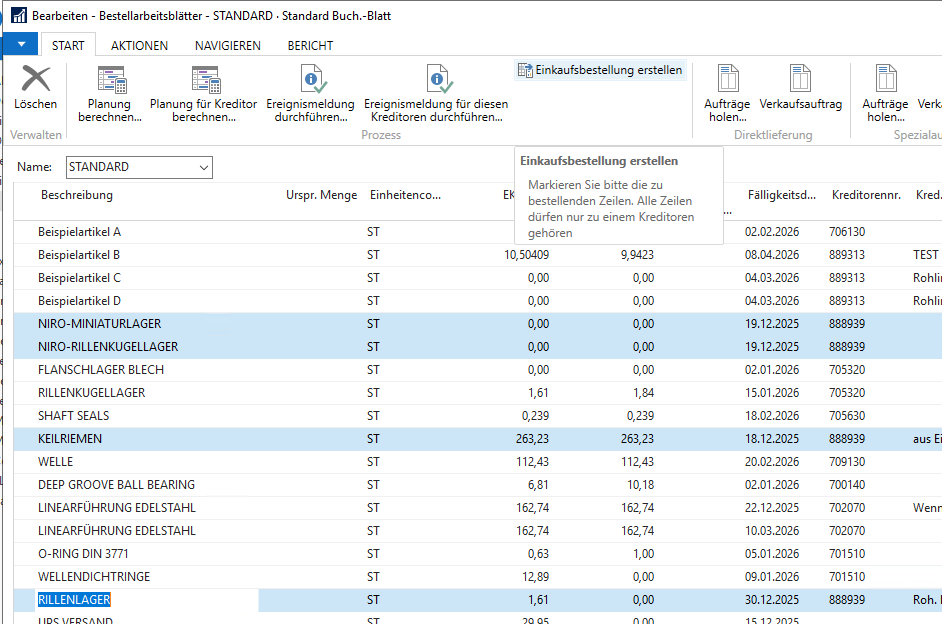 Screenshot aus Navision RTC/BC365 für einzelne Lieferantenbestellungen aus Bestellvorschlag erstellen