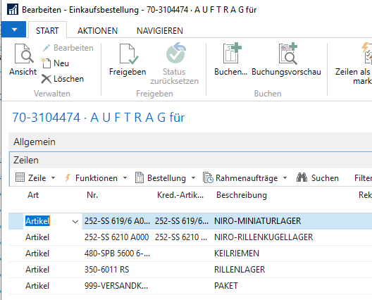 Ergebnis der Funktion "Einzelne Einkaufsbestellung aus dem Bestellvorschlag für einen bestimmten Lieferanten erstellen" In Navision RTC bzw. Business Central 365.