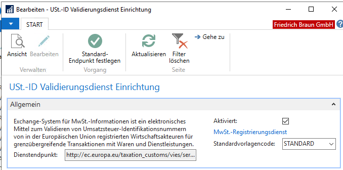 Screenshot von Navision 2018/BC14 bzw. Generell BC365 Business Central 365 für die Überprüfung der Umsatzsteuer ID's