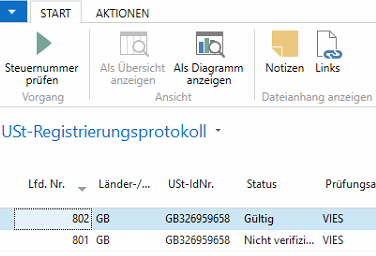 Screenshot aus Navision mit einer erfolgreichen Umsatzsteuer ID Überprüfung. Navision protokolliert gesetzeskonform jede Überprüfung
