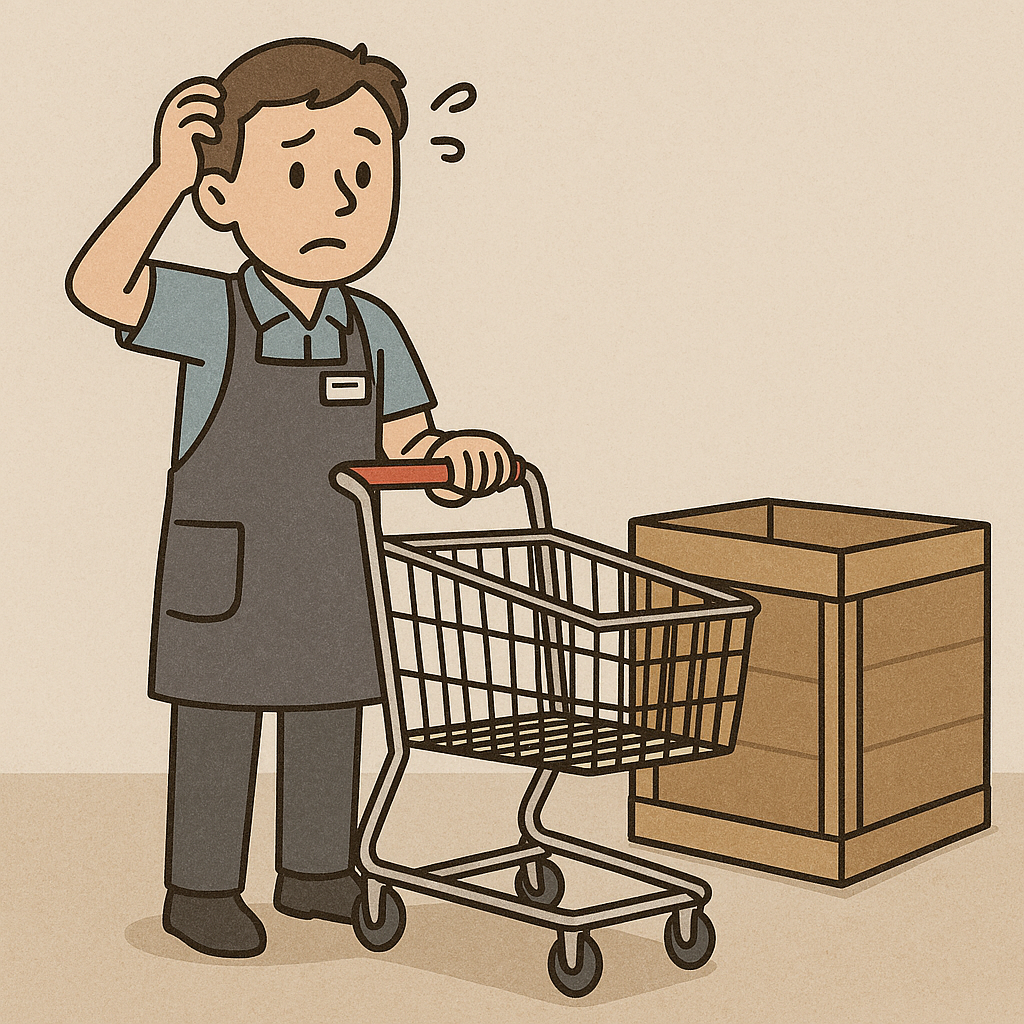 Lagermitarbeiter steht vor einem leeren Lagerplatz und will eigentlich von dort aus etwas picken.